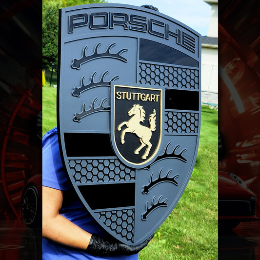 Monochrome Porsche 3D Logo Sign | Premium Acrylic & Wood Garage Wall Art