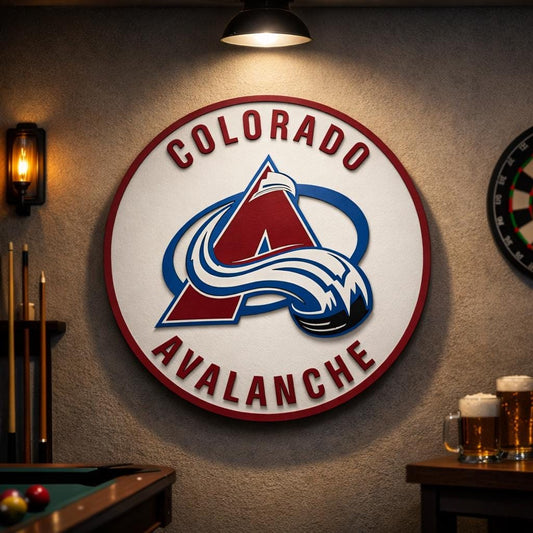 Colorado Avalanche 3D wood sign with layered maple and birch construction. Premium hockey wall decor for man caves, game rooms and Avalanche fan gifts.