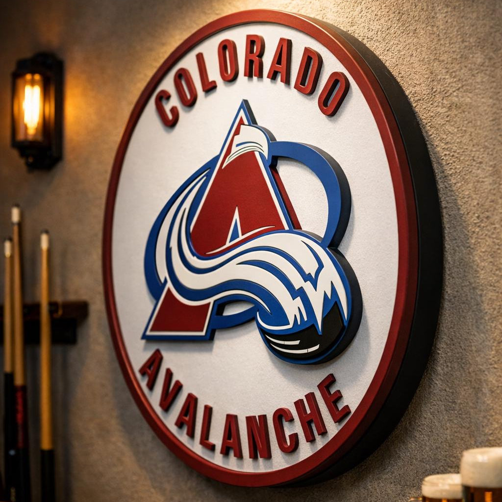 Colorado Avalanche 3D wood sign with layered maple and birch construction. Premium hockey wall decor for man caves, game rooms and Avalanche fan gifts.