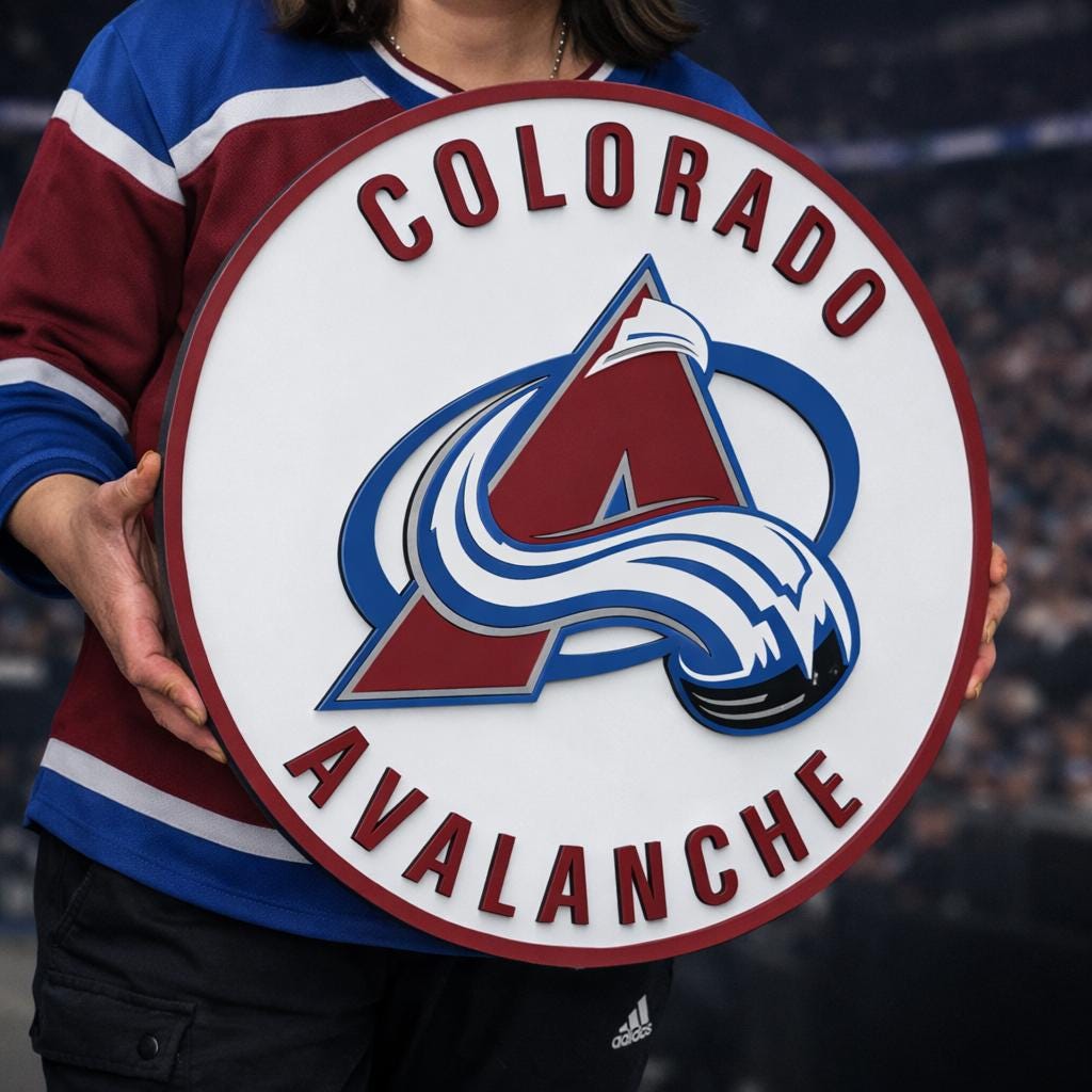 Colorado Avalanche 3D wood sign with layered maple and birch construction. Premium hockey wall decor for man caves, game rooms and Avalanche fan gifts.