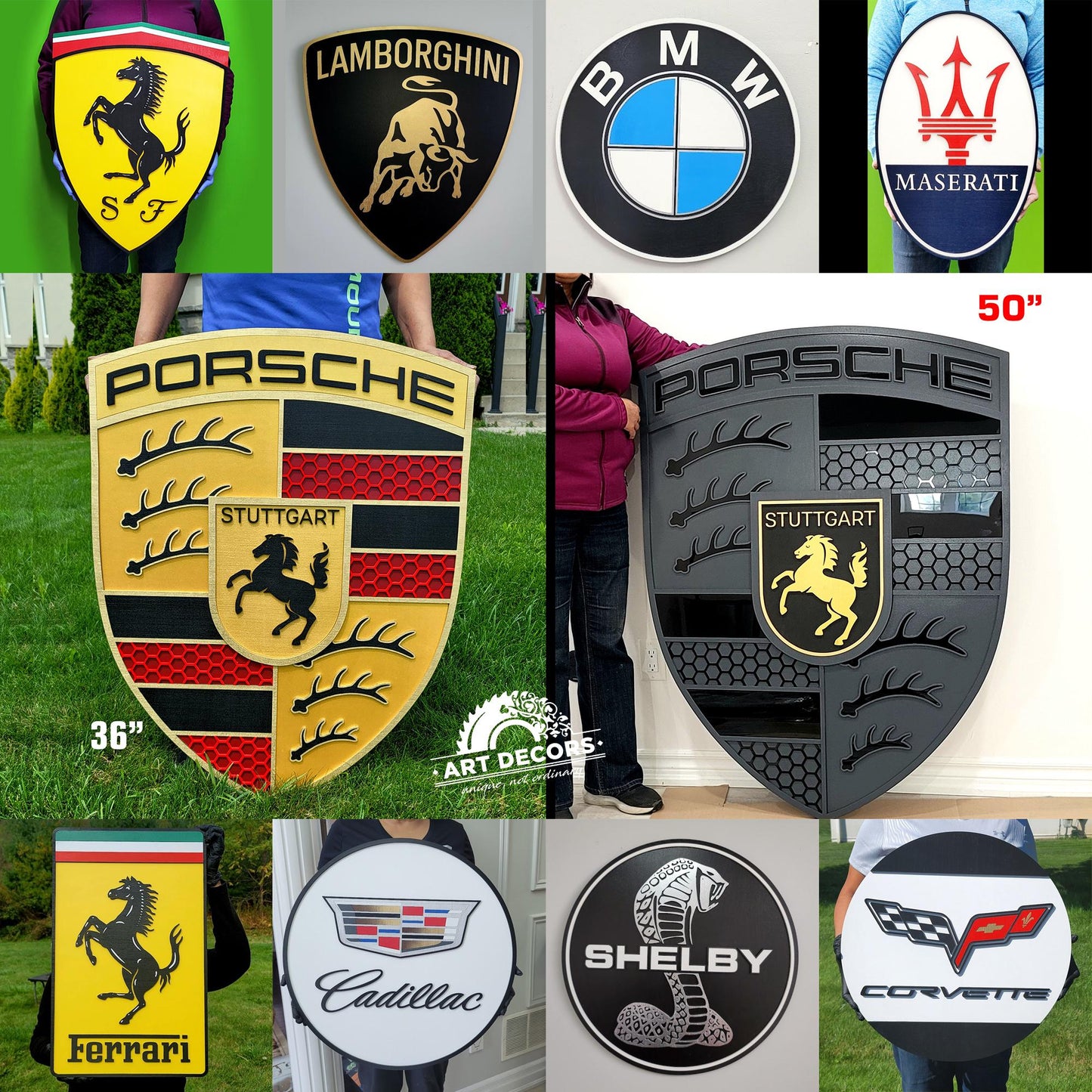 car-themed shield wall art pieces in different sizes, including Ferrari, Lamborghini, BMW, Maserati, Porsche, Cadillac, Shelby, and Corvette