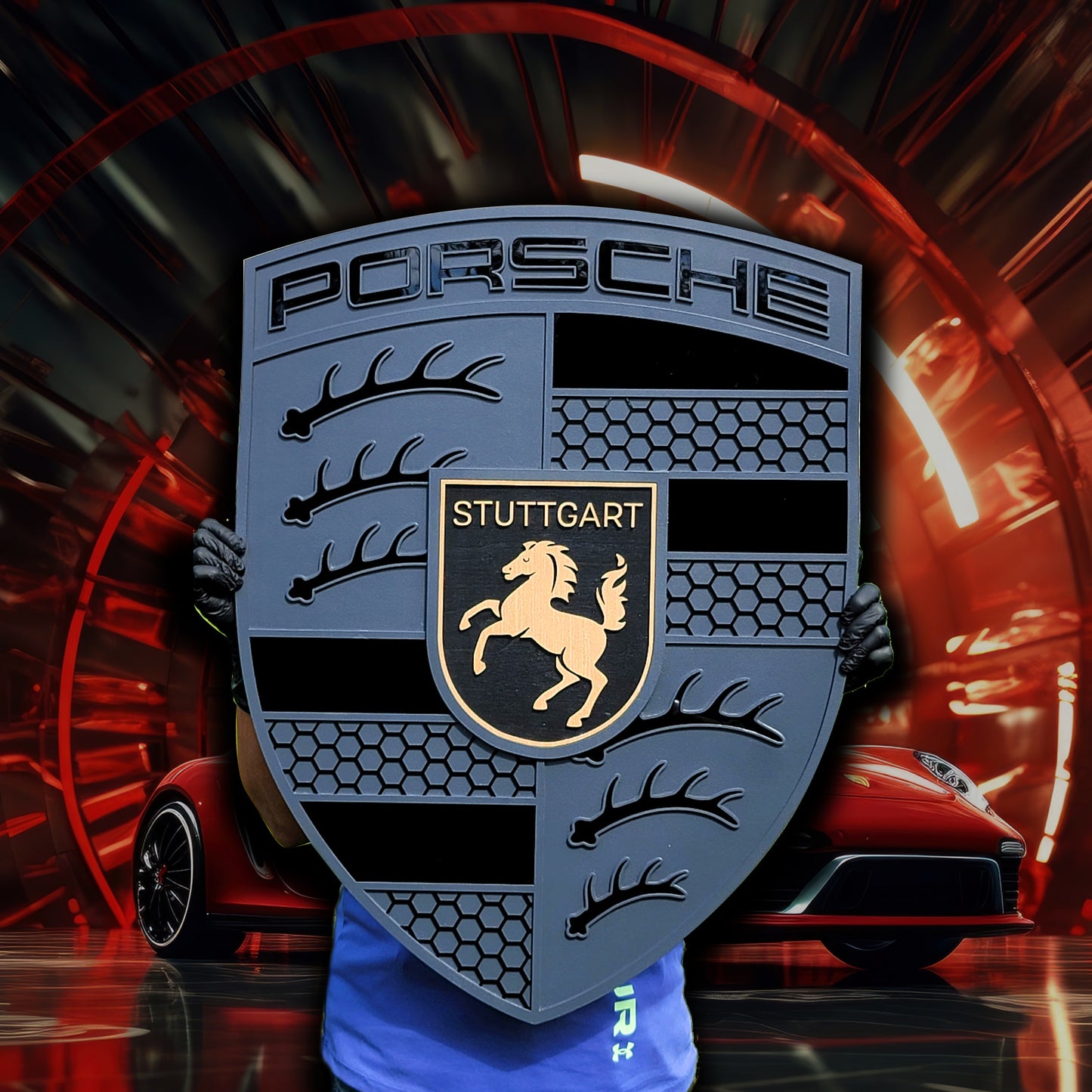 Monochrome Porsche 3D Logo Sign | Premium Acrylic &amp; Wood Garage Wall Art