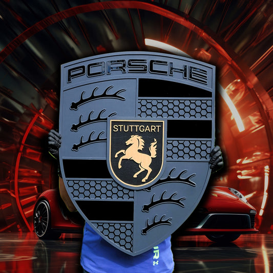 Monochrome Porsche 3D Logo Sign | Premium Acrylic &amp; Wood Garage Wall Art