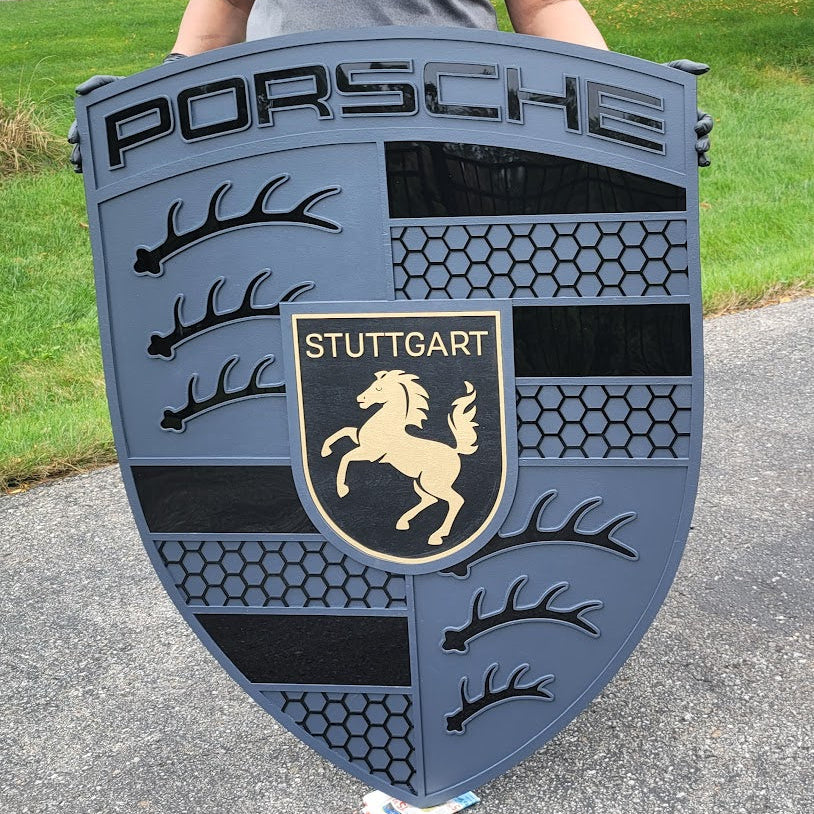 Monochrome Porsche 3D Logo Sign | Premium Acrylic &amp; Wood Garage Wall Art