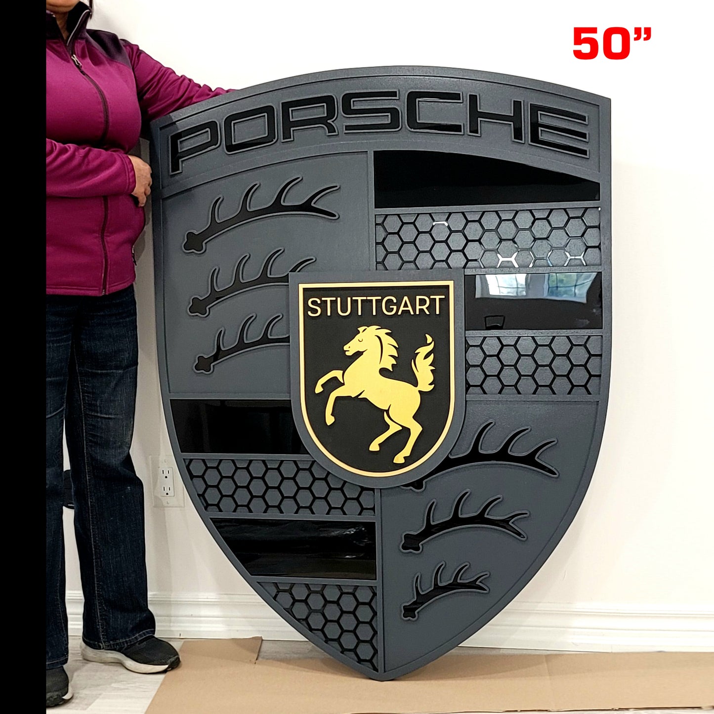 Monochrome Porsche 3D Logo Sign | Premium Acrylic &amp; Wood Garage Wall Art