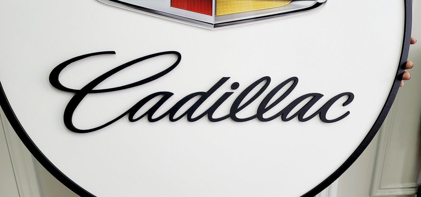 Cadillac 3D Wooden Logo Sign | Round Car Medallion Wall Art | Luxury Garage, Man Cave &amp; Automotive Decor