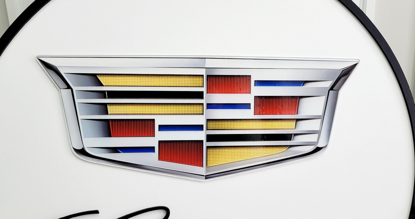 Cadillac 3D Wooden Logo Sign | Round Car Medallion Wall Art | Luxury Garage, Man Cave &amp; Automotive Decor