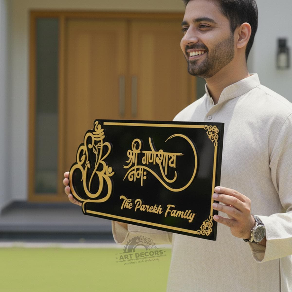 Personalized Hindu Ganesha 3D Acrylic Home Name Plate | Custom Family Name Sign