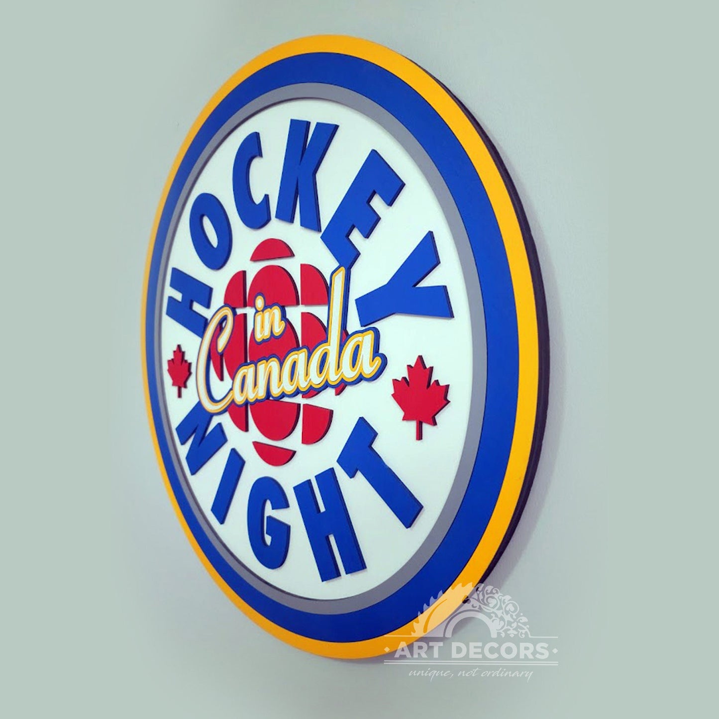 Hockey Night in Canada 3D wooden sign crafted from maple and birch. Retro Canadian hockey wall decor for man caves, games rooms, cottages and hockey fans.