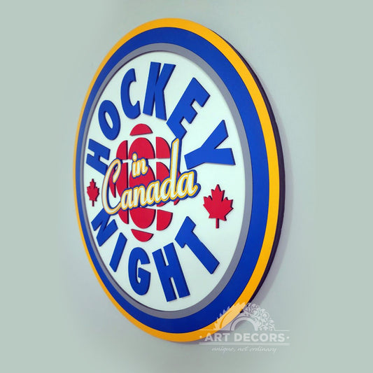 Hockey Night in Canada 3D wooden sign crafted from maple and birch. Retro Canadian hockey wall decor for man caves, games rooms, cottages and hockey fans.