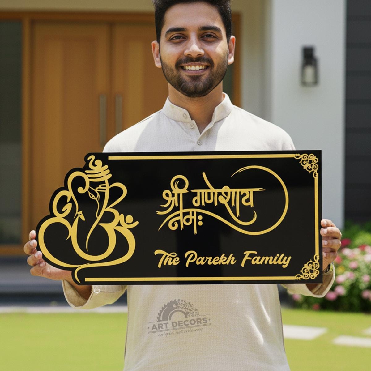 Personalized Hindu Ganesha 3D Acrylic Home Name Plate | Custom Family Name Sign