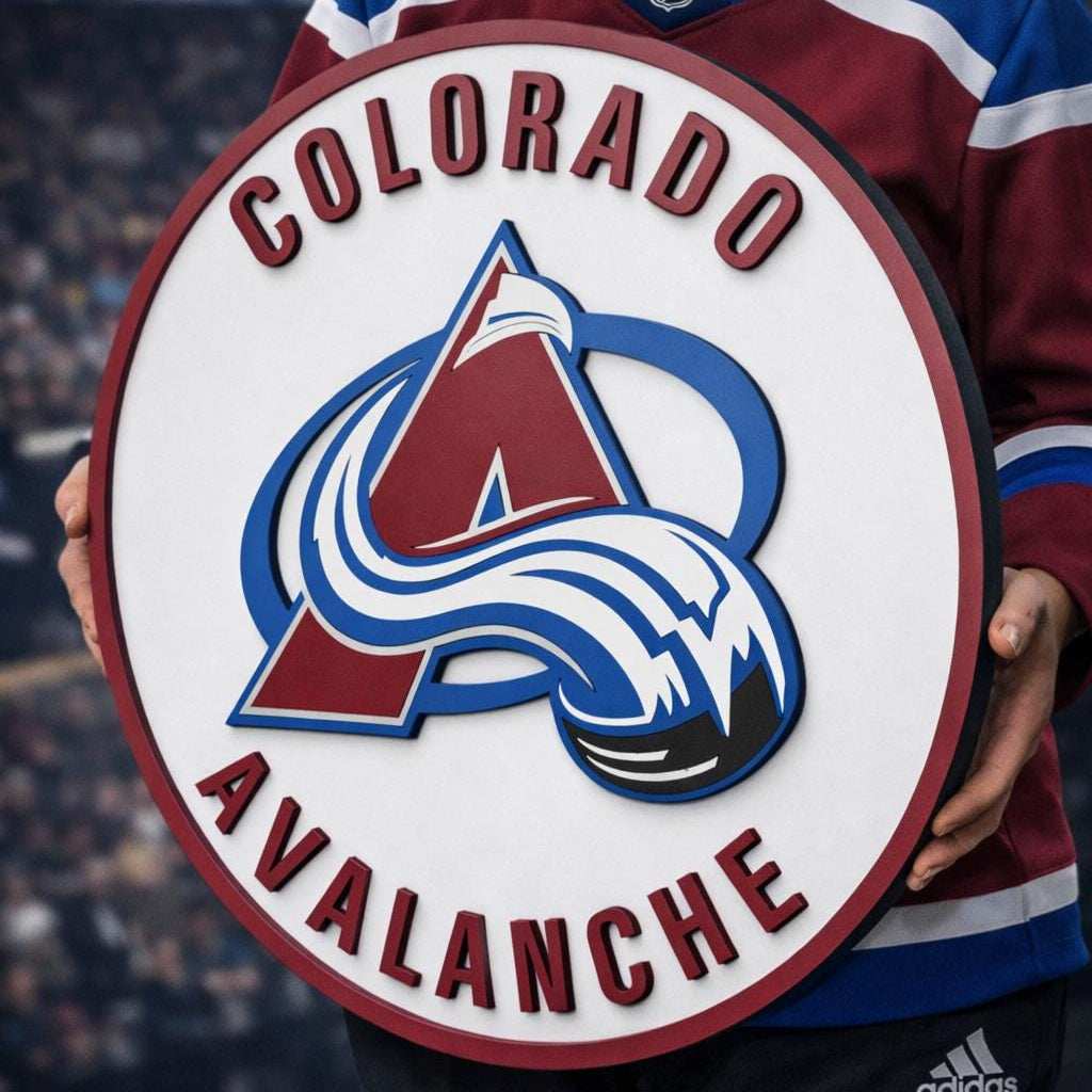 Colorado Avalanche 3D wood sign with layered maple and birch construction. Premium hockey wall decor for man caves, game rooms and Avalanche fan gifts.