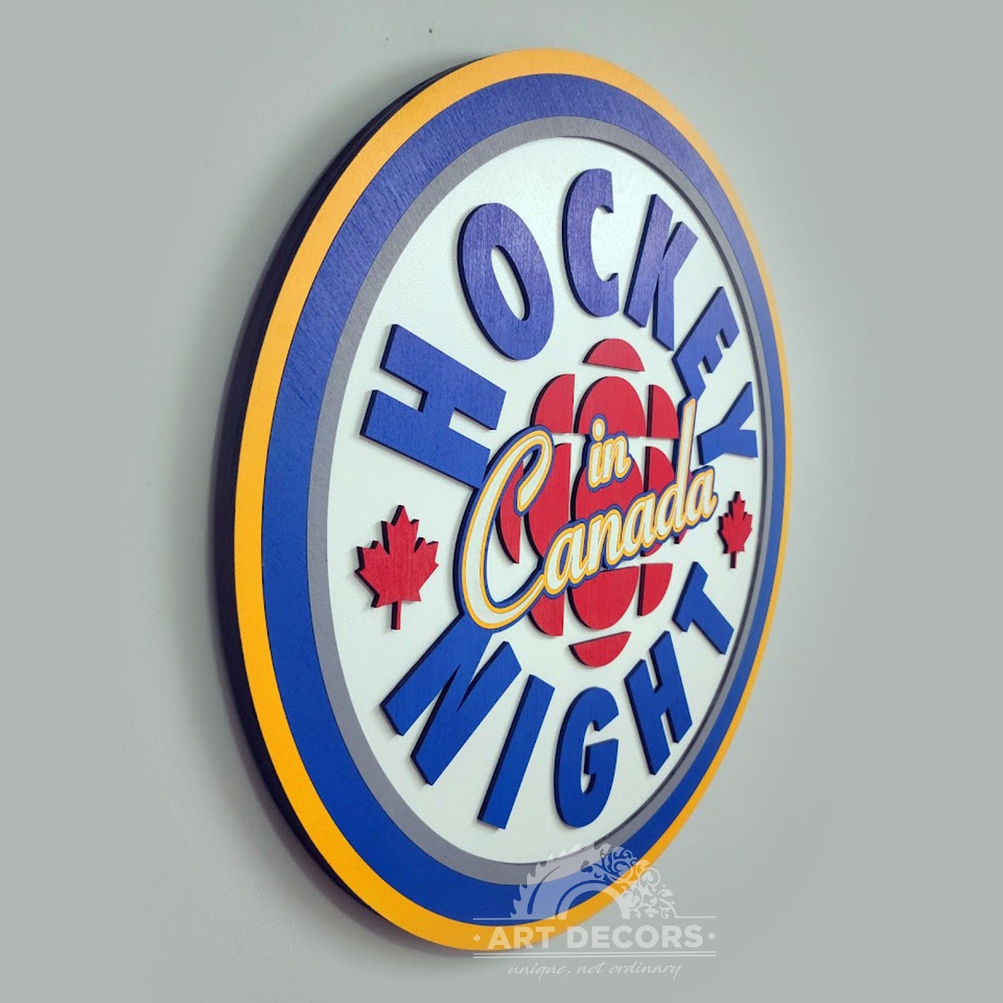 Hockey Night in Canada 3D wooden sign crafted from maple and birch. Retro Canadian hockey wall decor for man caves, games rooms, cottages and hockey fans.