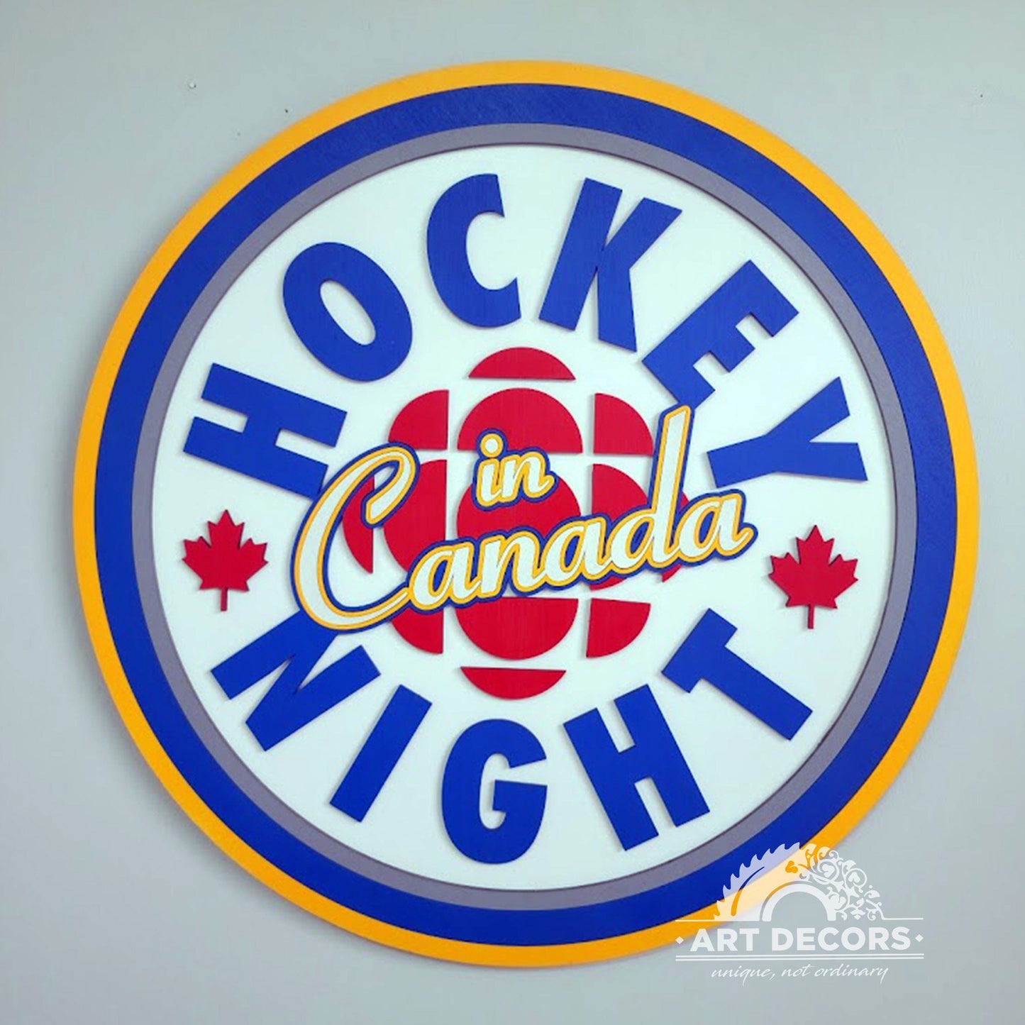 Hockey Night in Canada 3D wooden sign crafted from maple and birch. Retro Canadian hockey wall decor for man caves, games rooms, cottages and hockey fans.