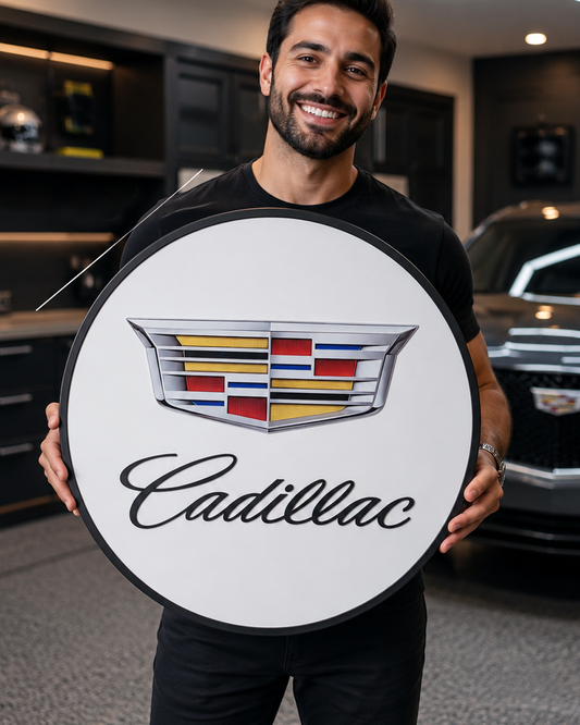 Cadillac 3D Wooden Logo Sign | Round Car Medallion Wall Art | Luxury Garage, Man Cave &amp; Automotive Decor