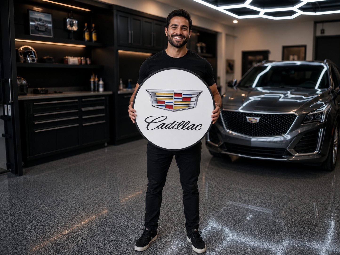 Cadillac 3D Wooden Logo Sign | Round Car Medallion Wall Art | Luxury Garage, Man Cave &amp; Automotive Decor
