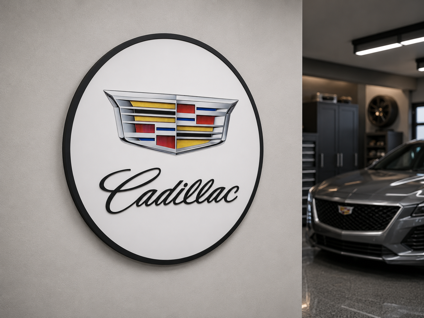 Cadillac 3D Wooden Logo Sign | Round Car Medallion Wall Art | Luxury Garage, Man Cave &amp; Automotive Decor