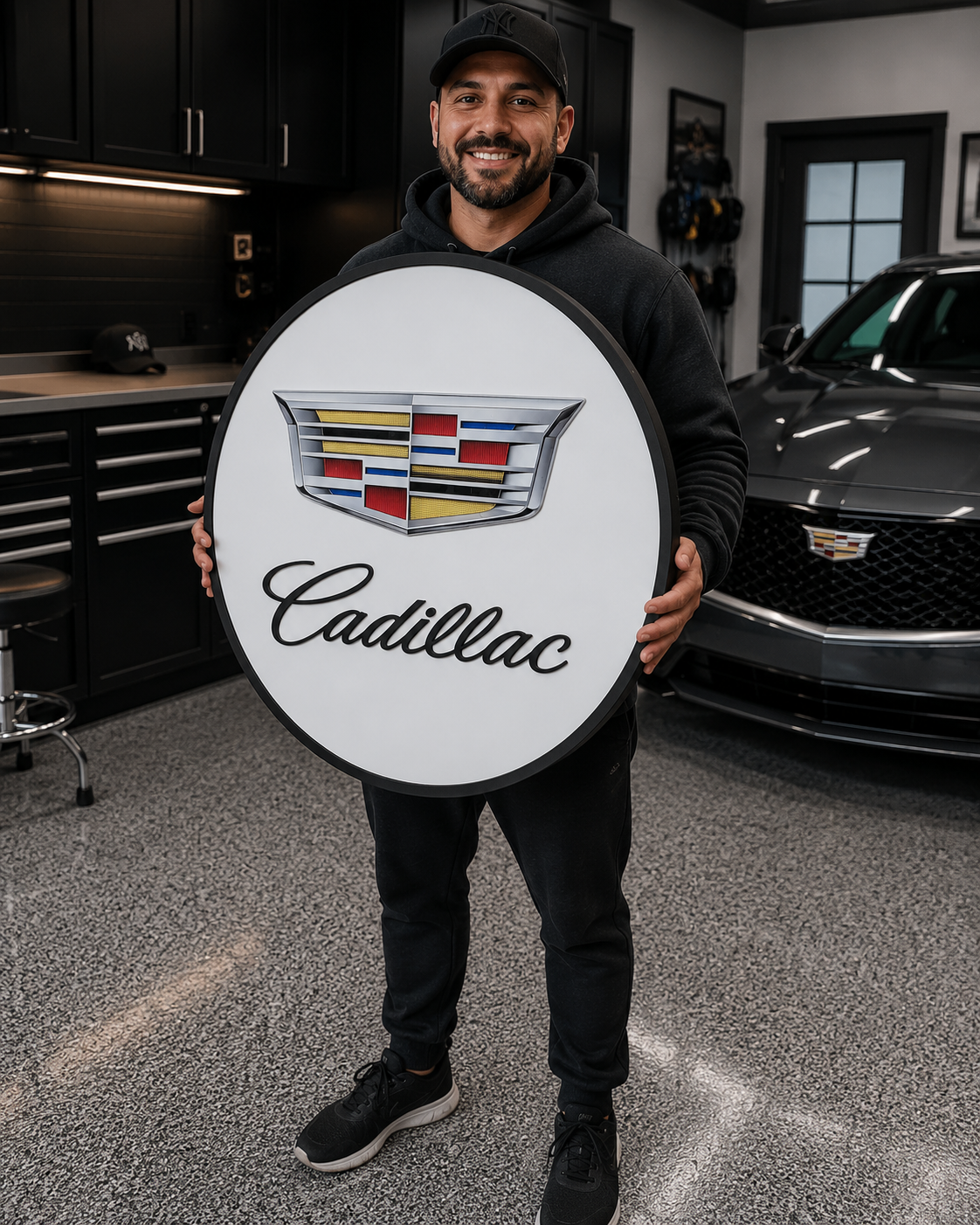 Cadillac 3D Wooden Logo Sign | Round Car Medallion Wall Art | Luxury Garage, Man Cave &amp; Automotive Decor