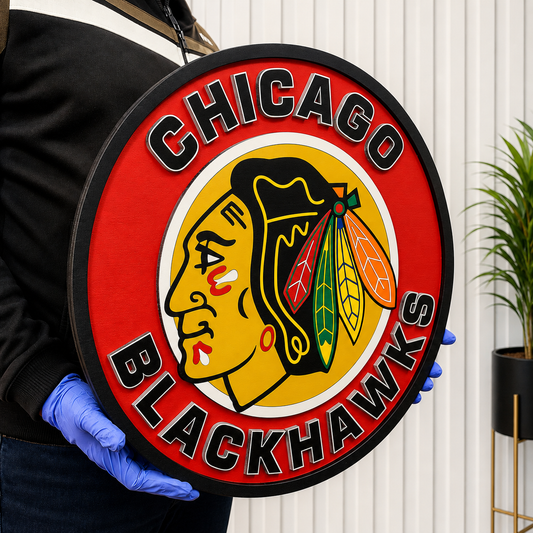 Chicago Blackhawks 3D Wood Sign | Ice Hockey Team Medallion, Man Cave Decoration
