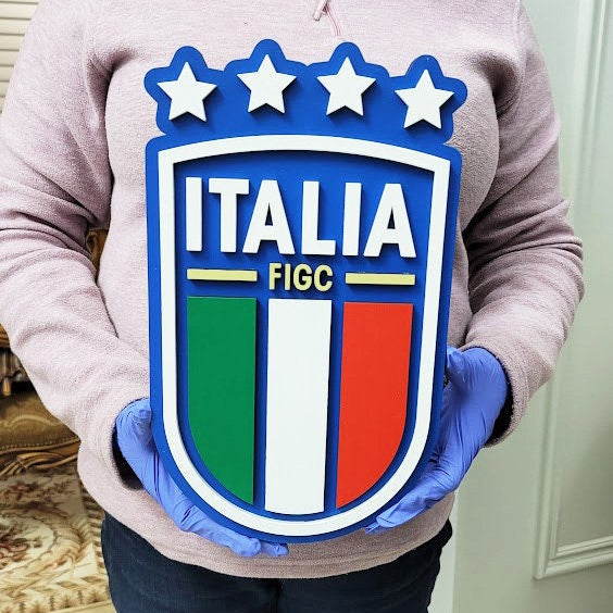 Italy Football Team 3D Wood Sign | FIGC Medallion | Celebrate the Azzurri in Style