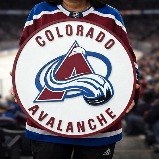 Colorado Avalanche 3D wood sign with layered maple and birch construction. Premium hockey wall decor for man caves, game rooms and Avalanche fan gifts.