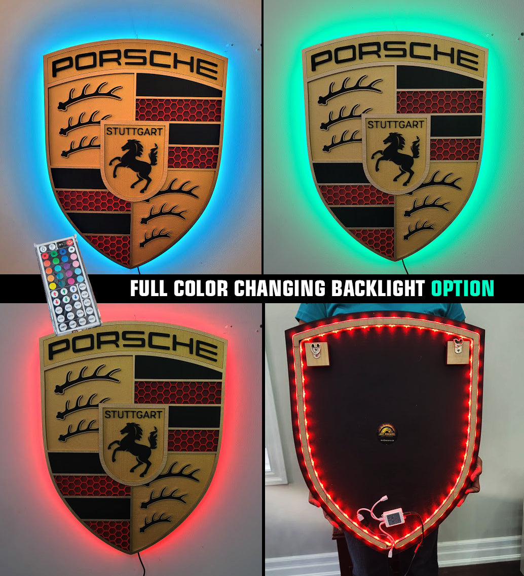 Porsche 3D Logo Sign with lights– Premium Wooden Wall Art for Garage, Man Cave & Porsche Enthusiasts