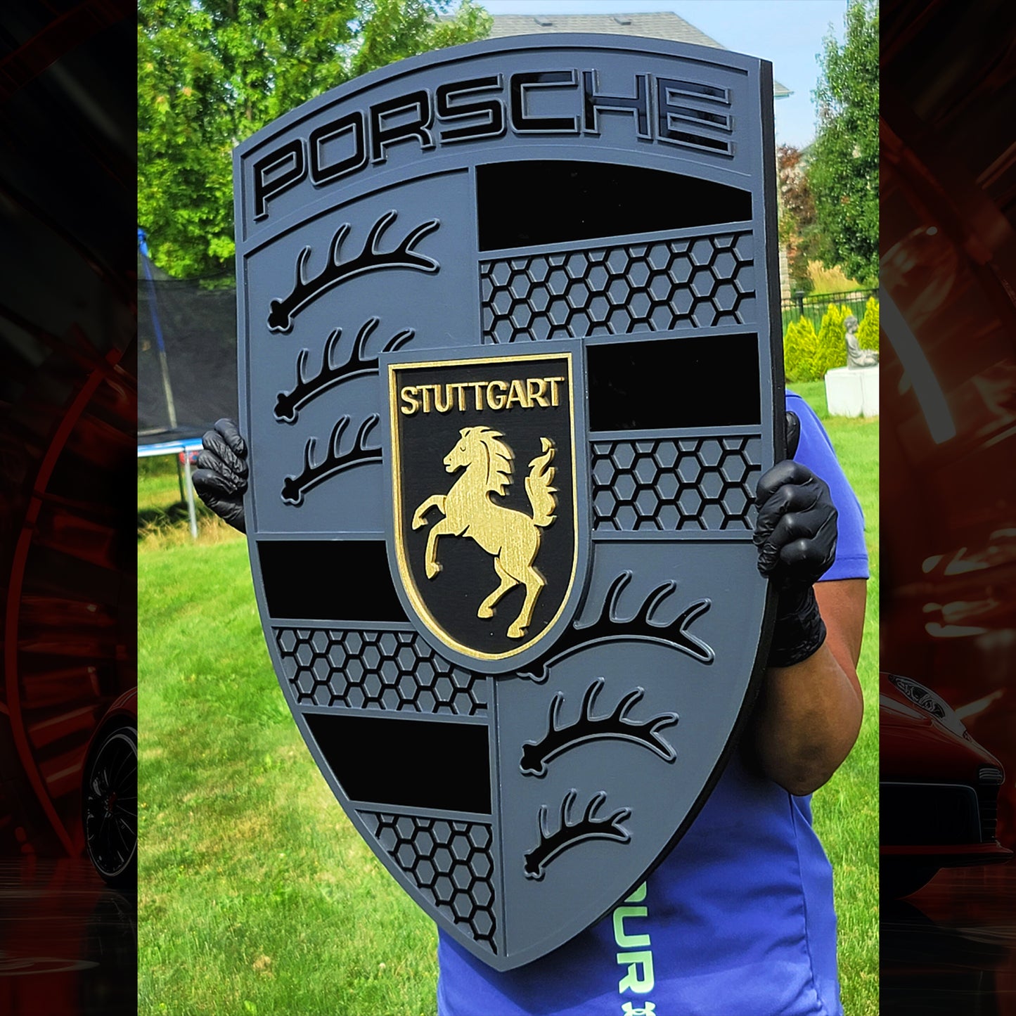 Monochrome Porsche 3D Logo Sign | Premium Acrylic &amp; Wood Garage Wall Art