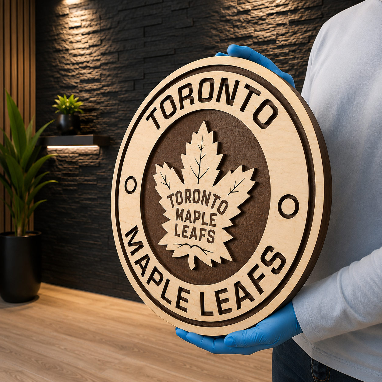 Panneau en bois 3D Toronto Maple Leafs | Décoration de hockey rustique en bouleau